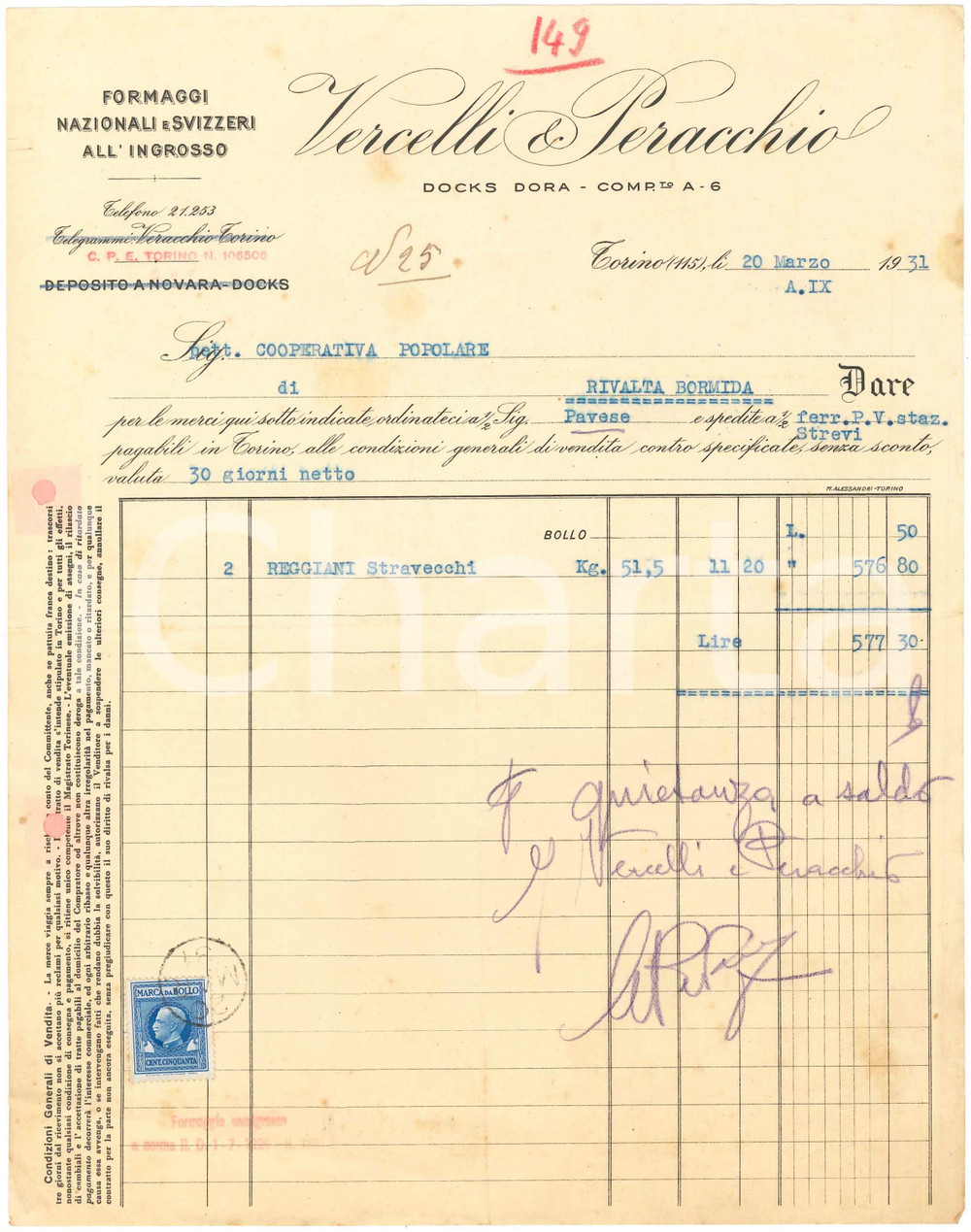 1931 TORINO Docks Dora VERCELLI & PERACCHIO Formaggi all'ingrosso - Fattura (1)