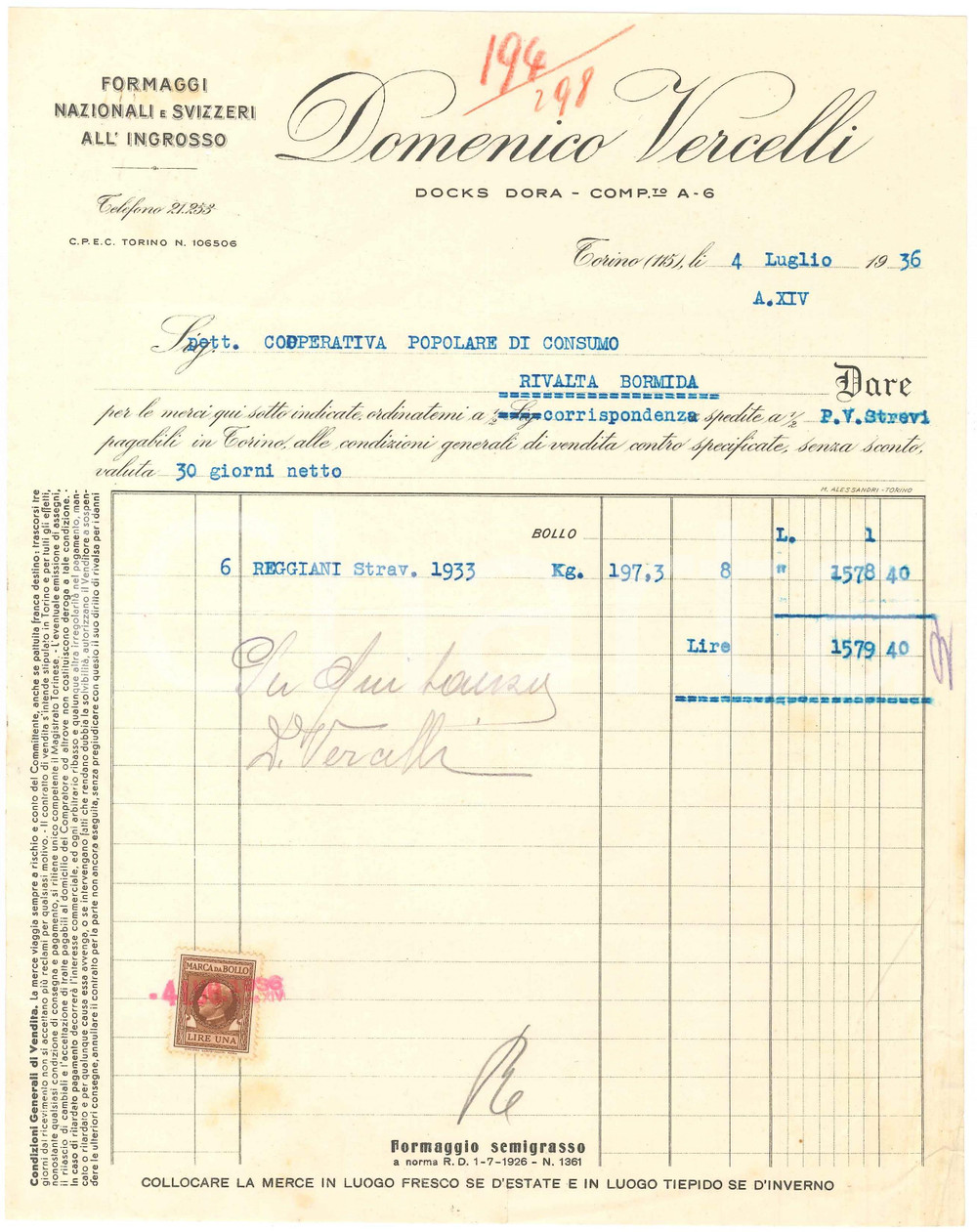 1936 TORINO Docks Dora Domenico VERCELLI Formaggi nazionali e svizzeri - Fattura