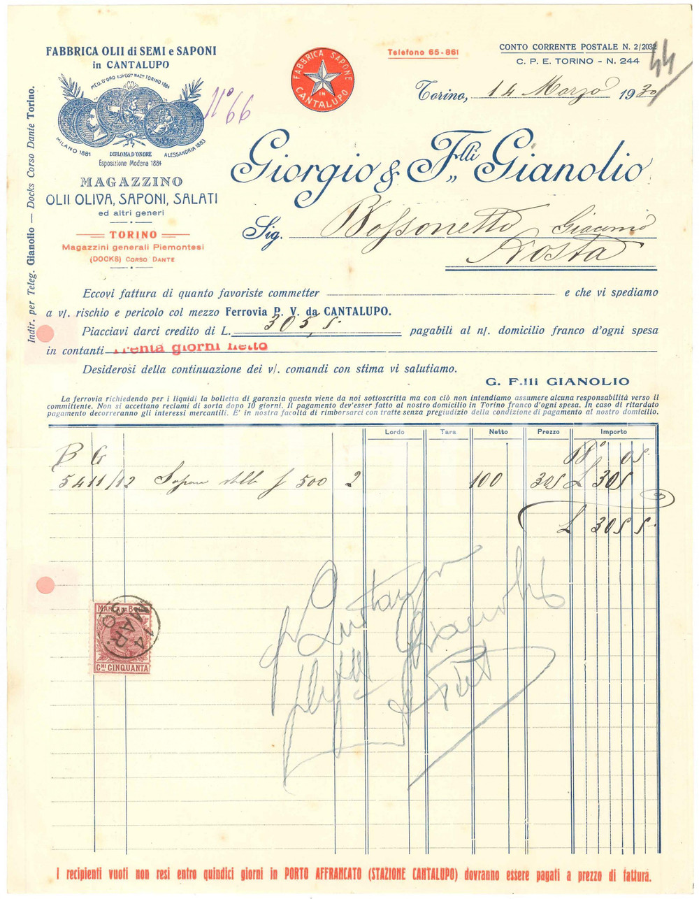 1930 TORINO Corso Dante - Giorgio & Fratelli GIANOLIO Olii e saponi *Fattura (2)