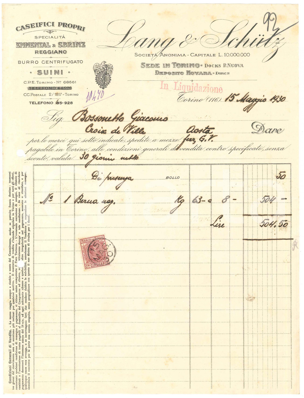 1930 TORINO Docks P. Nuova LANG & SCHÜTZ Caseifici propri - Fattura commerciale