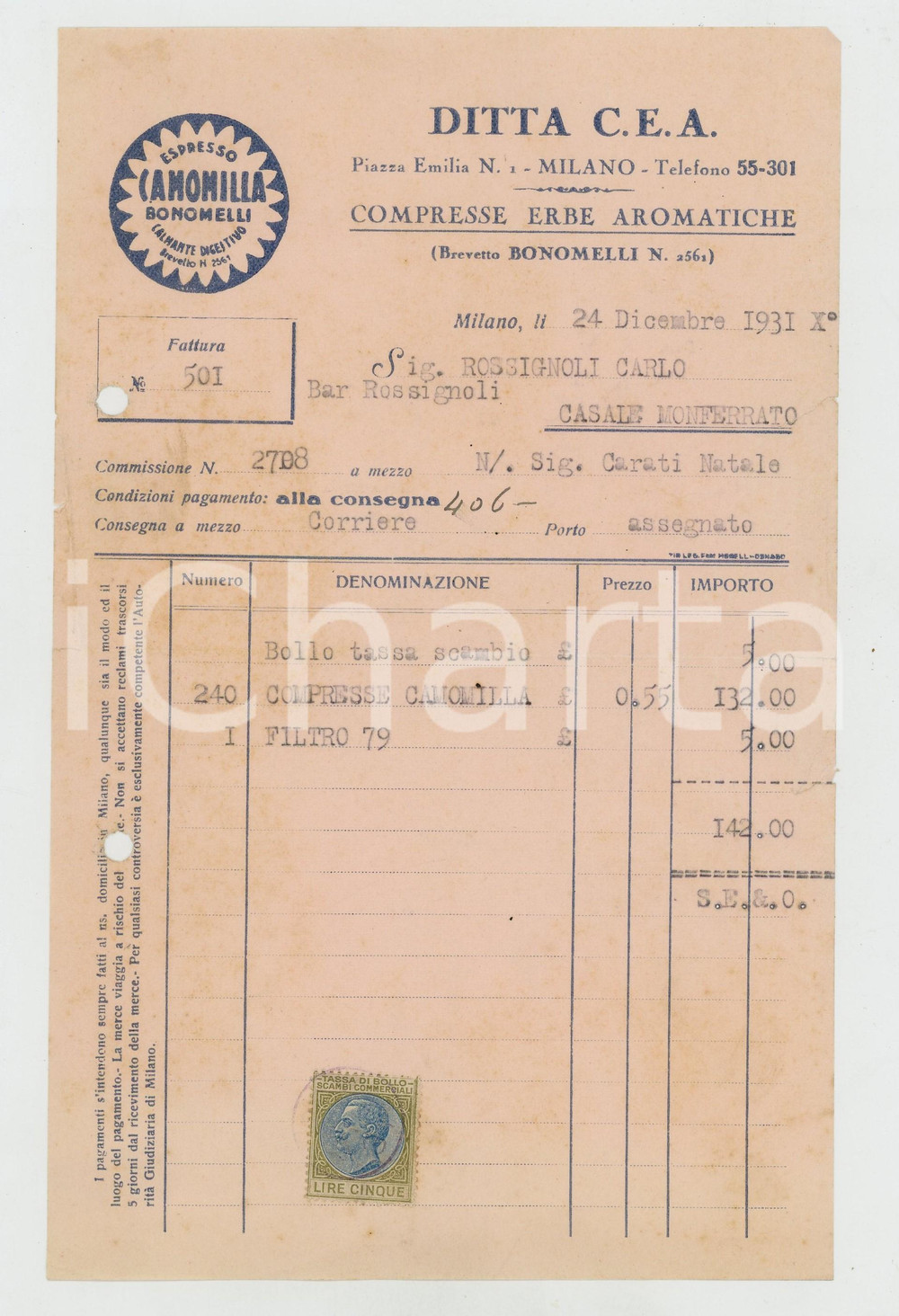 1931 MILANO Piazza Emilia 1 - Ditta C.E.A. Compresse Erbe Aromatiche - Fattura