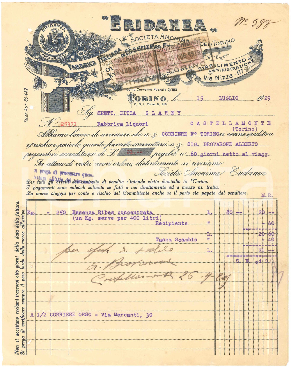 1929 TORINO Via Nizza 177 ERIDANEA Fabbrica di essenze ed estratti - Fattura (2)