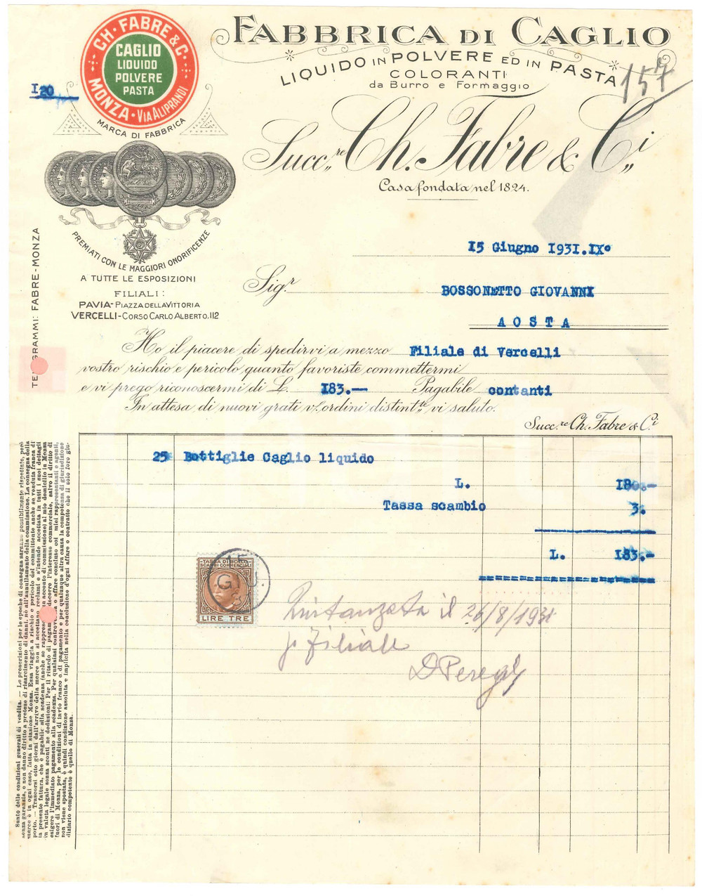 1931 MONZA - CH. FABRE & C. Fabbrica di caglio Liquido Polvere Pasta Fattura (1)