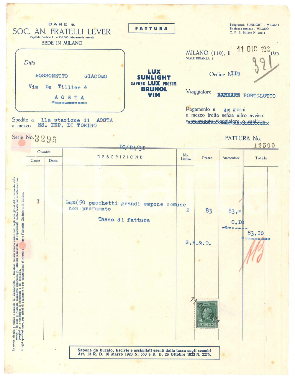 1931 MILANO Viale Brianza 8 - Soc. An. Fratelli LEVER Sapone LUX - Fattura (2)