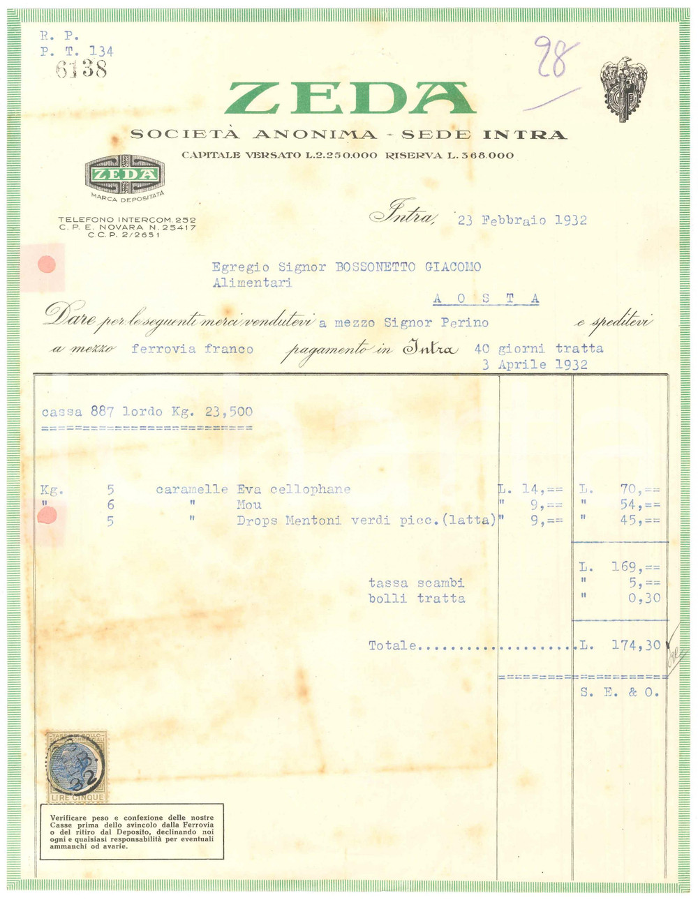 1932 VERBANIA INTRA - Società Anonima ZEDA Industria dolciaria - Fattura