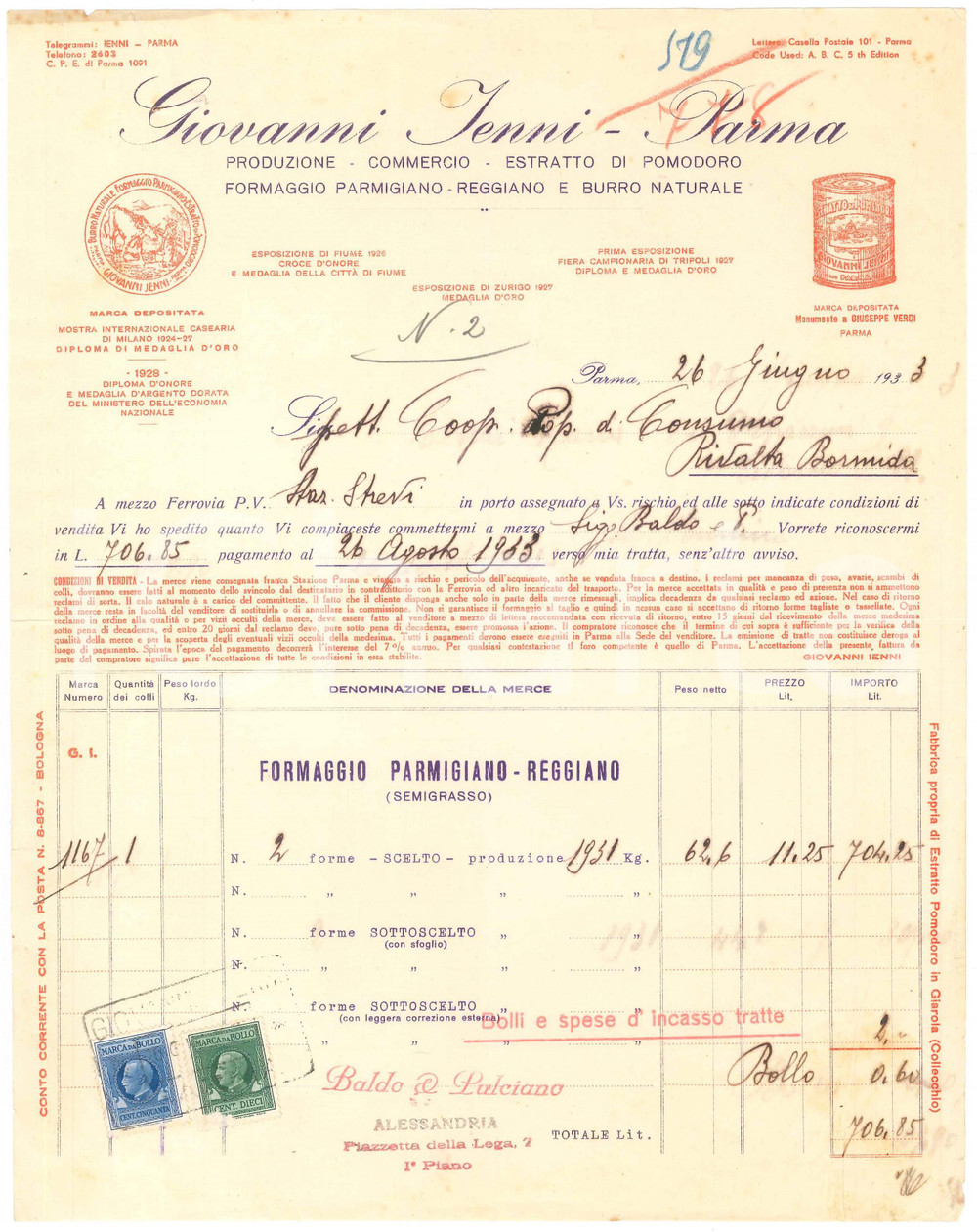 1933 PARMA - Giovanni IENNI Produzione Formaggio Parmigiano Reggiano - Fattura