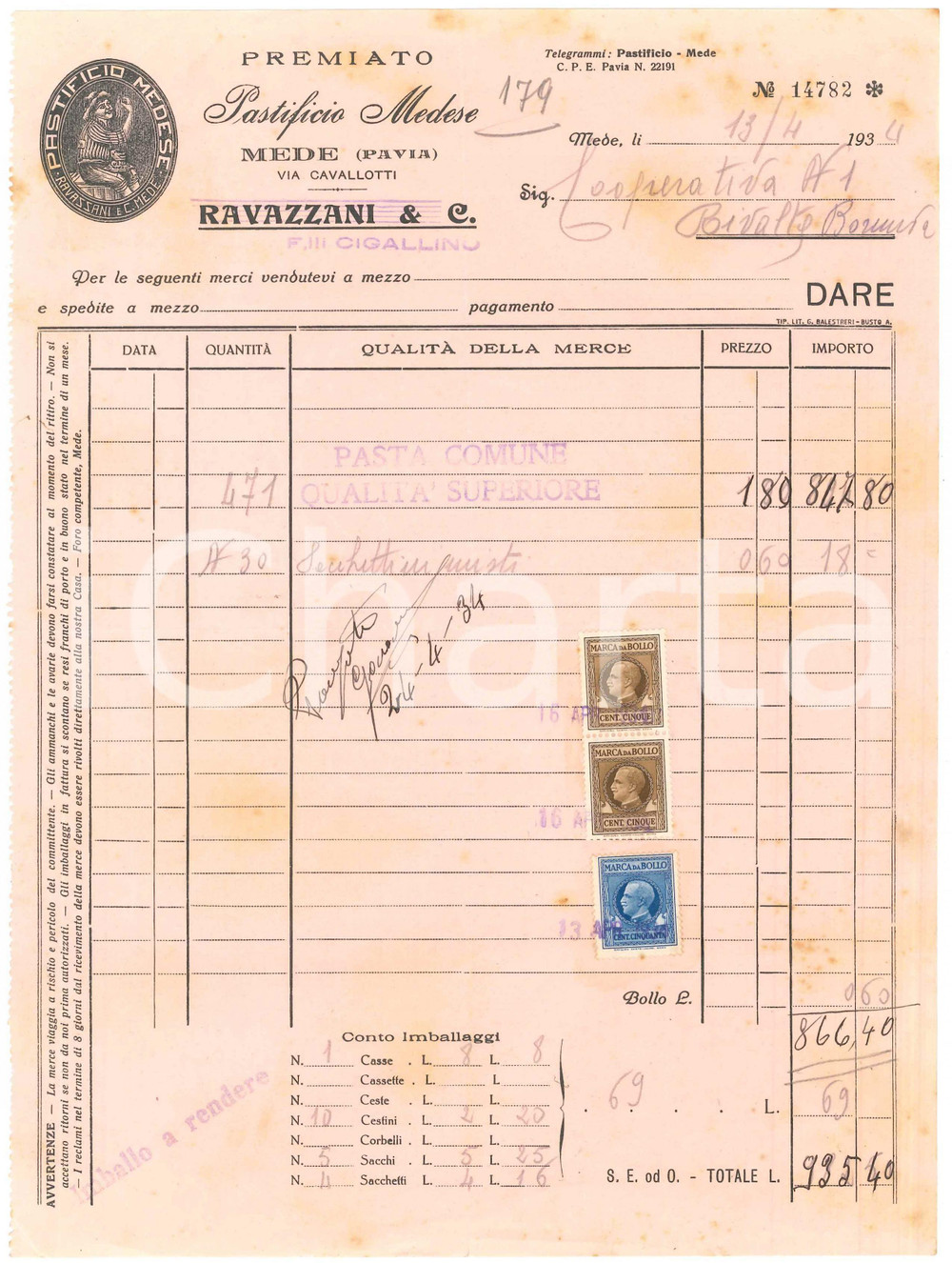 1934 MEDE (PV) - RAVAZZANI & C. Premiato Pastificio Medese - Fattura (2)