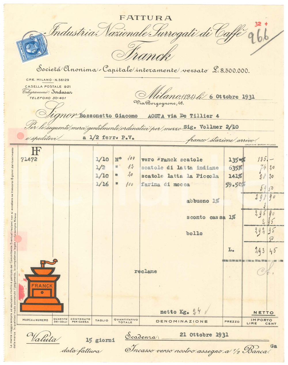 1931 MILANO Via Borgognone 46 - FRANCK Industria Surrogati di Caffè *Fattura