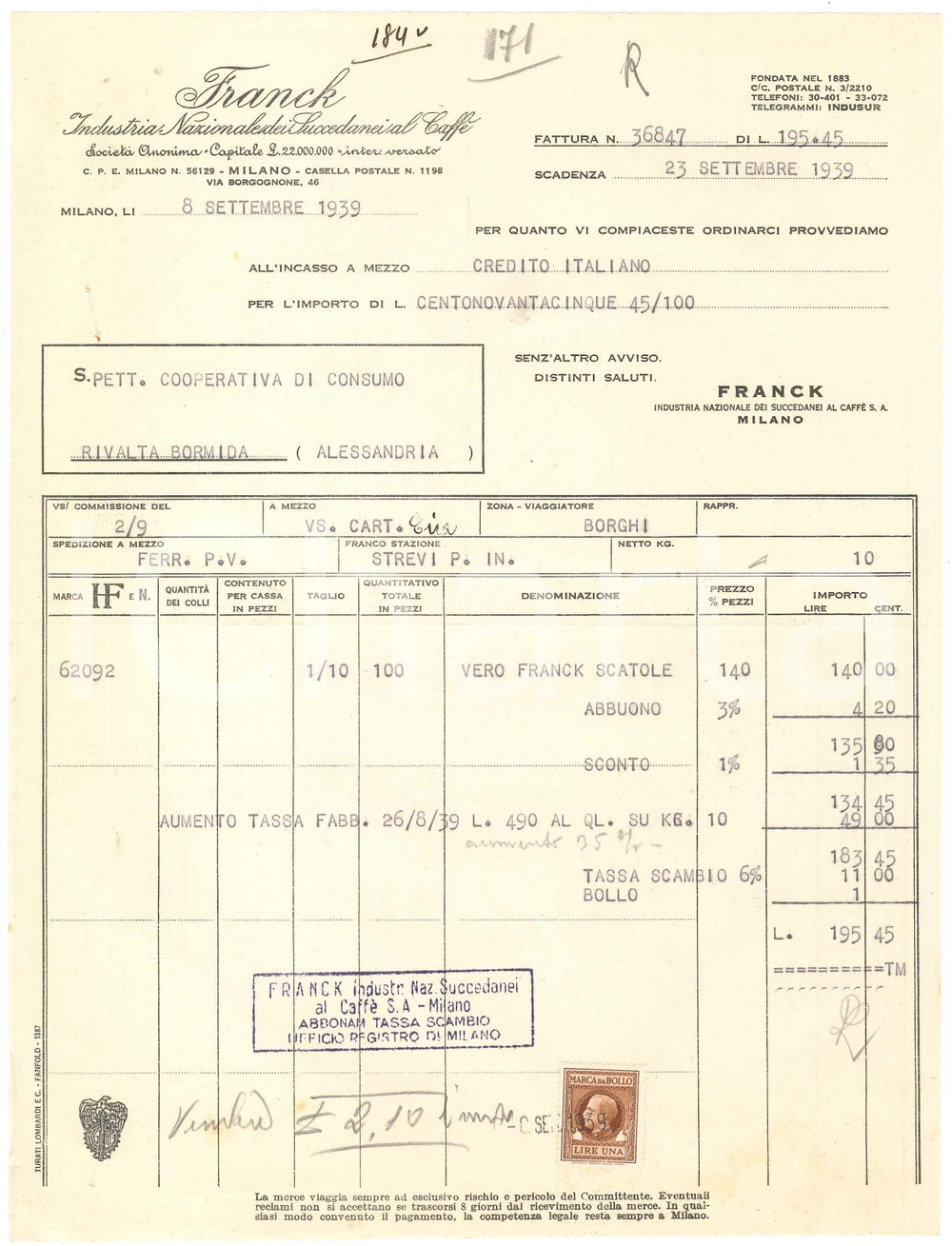 1939 MILANO Via Borgognone 46 - FRANCK Industria Succedanei al Caffè - Fattura