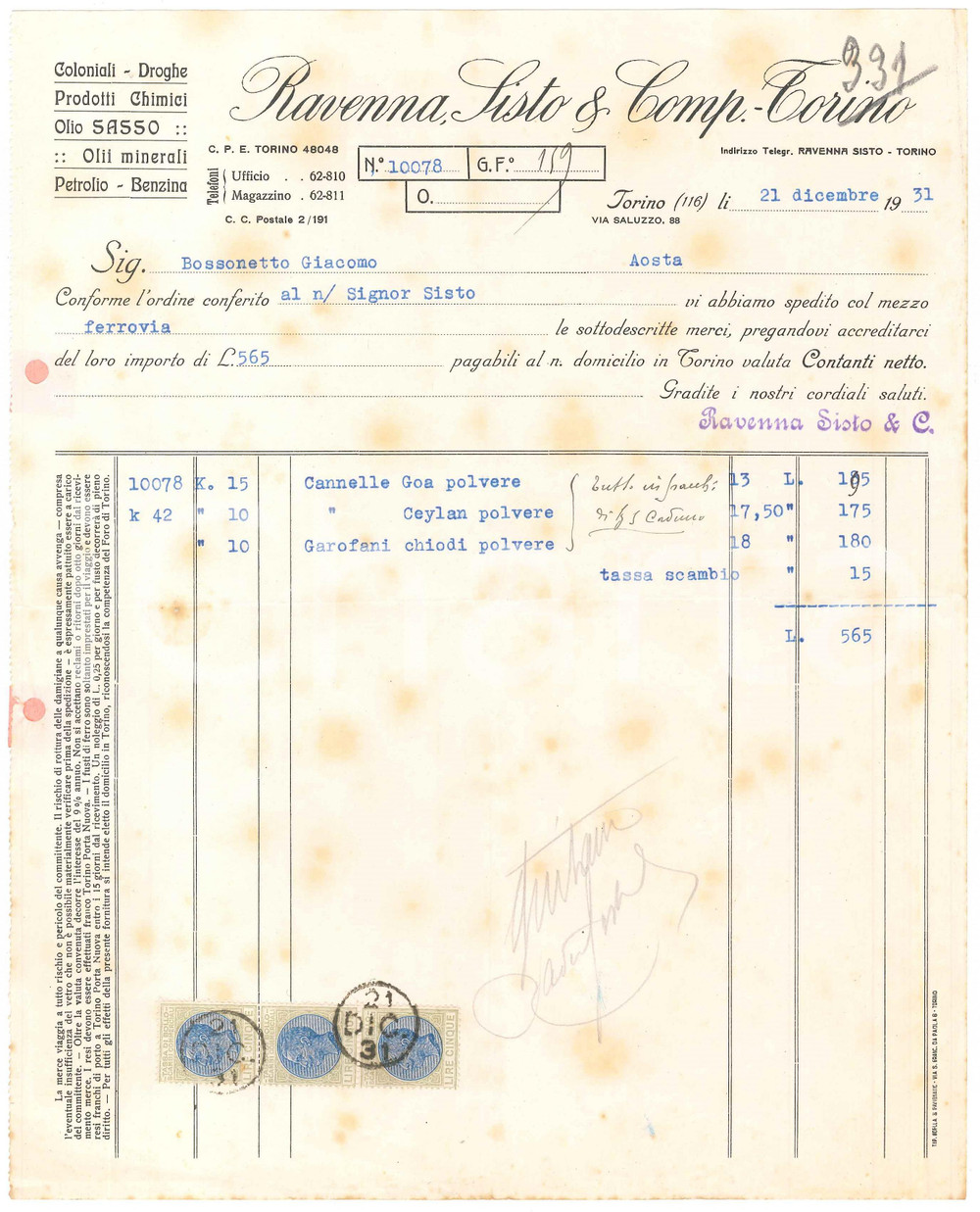 1931 TORINO Via Saluzzo 88 - RAVENNA SISTO & Comp. Coloniali Droghe *Fattura (3)