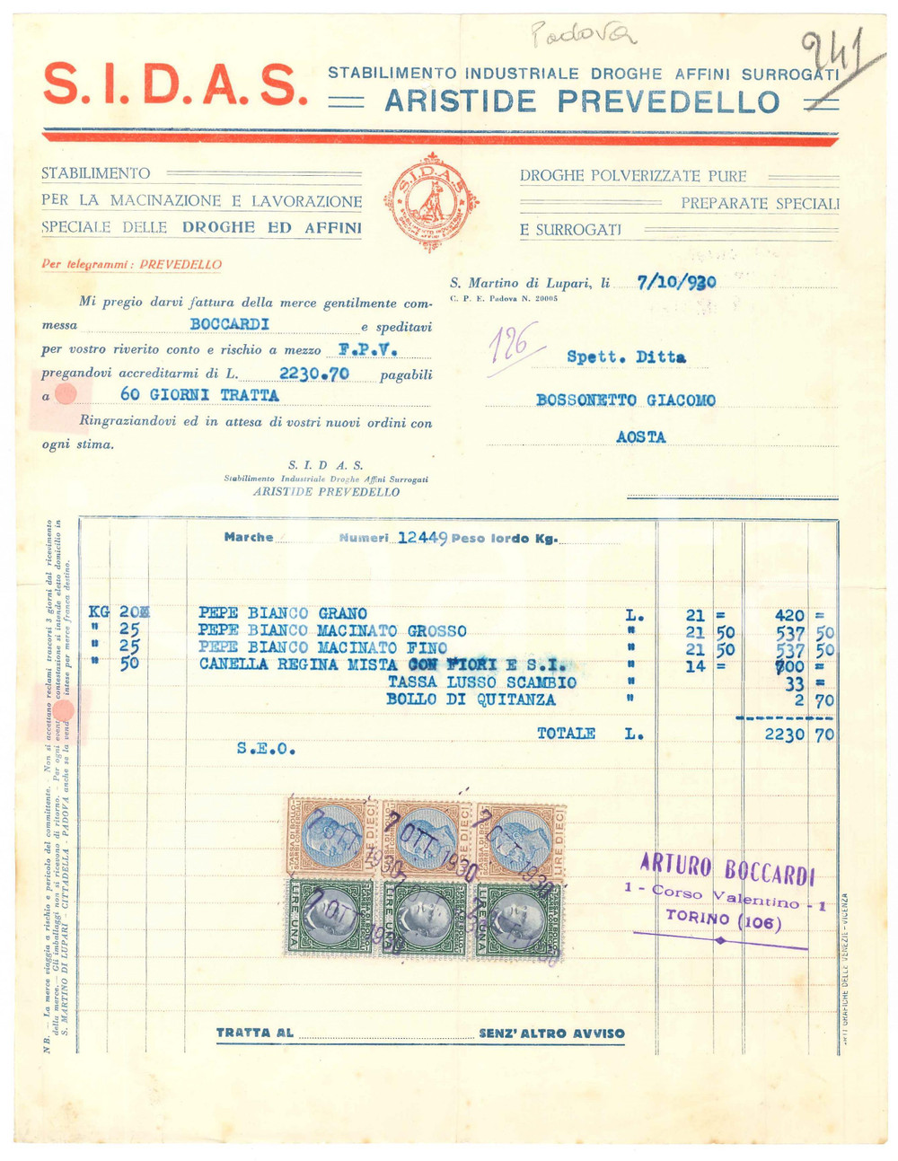 1930 S. MARTINO DI LUPARI (PD) Aristide PREVEDELLO SIDAS Droghe Affini - Fattura Fattura commerciale d'epoca dattiloscritta, su carta intestata.Presenti marche da bollo.PAGINE: 1 FAIR/discreto piegature d'epoca; fori da classificatore; piccoli fori da spillatura; lievi ondulature marginali e fioriture Formato: 22x28 cm originale e autentica 1