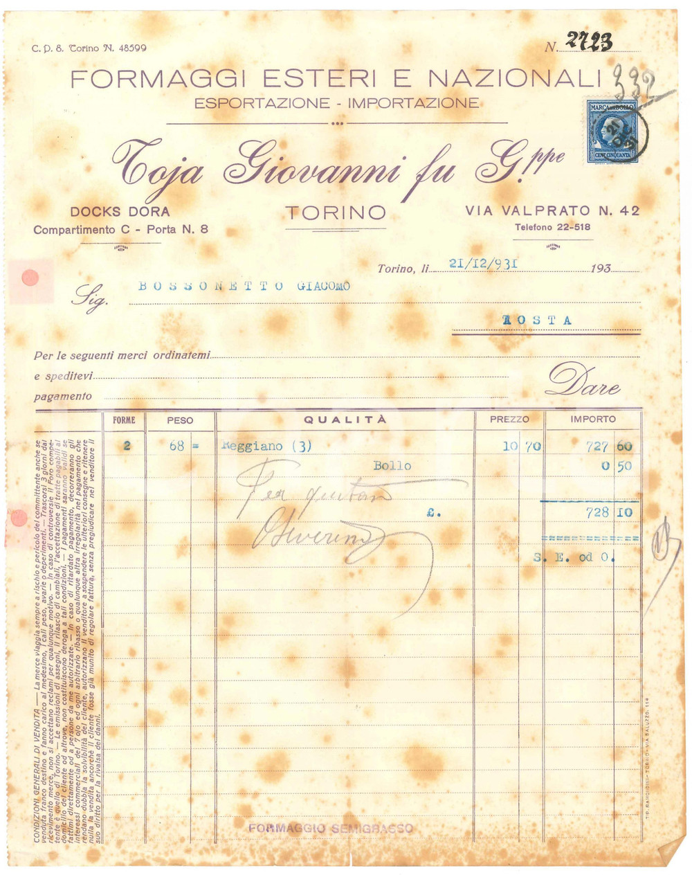 1931 TORINO Via Valprato 42 - Giovanni TOJA fu Giuseppe *Fattura (1) DANNEGGIATA