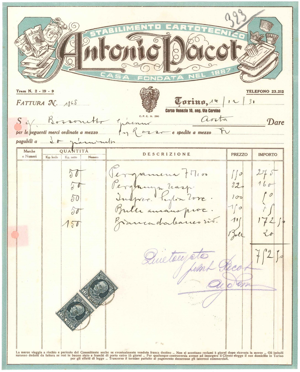 1931 TORINO C.so Venezia 10 Antonio PACOT Stabilimento cartotecnico *Fattura (3)