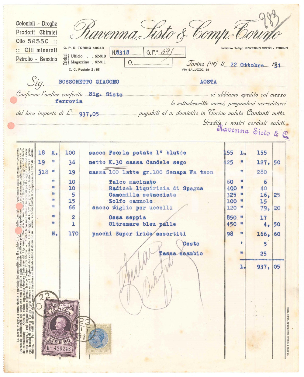 1931 TORINO Via Saluzzo 88 - RAVENNA SISTO & Comp. Coloniali Droghe *Fattura (5)