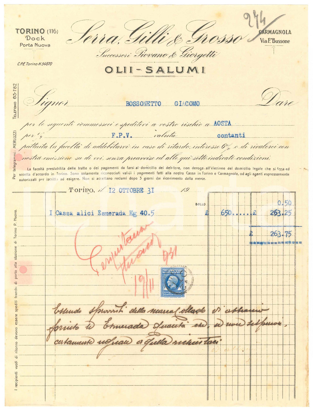 1931 TORINO Docks Porta Nuova - SERRA, GILLI & GROSSO Olii Salumi - Fattura (3)