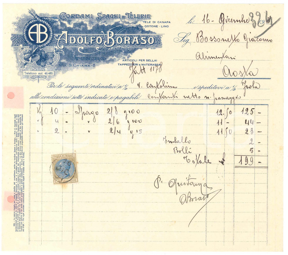 1931 TORINO Via S. Chiara 8 - Adolfo BORASO Cordami Spaghi e Telerie - Fattura