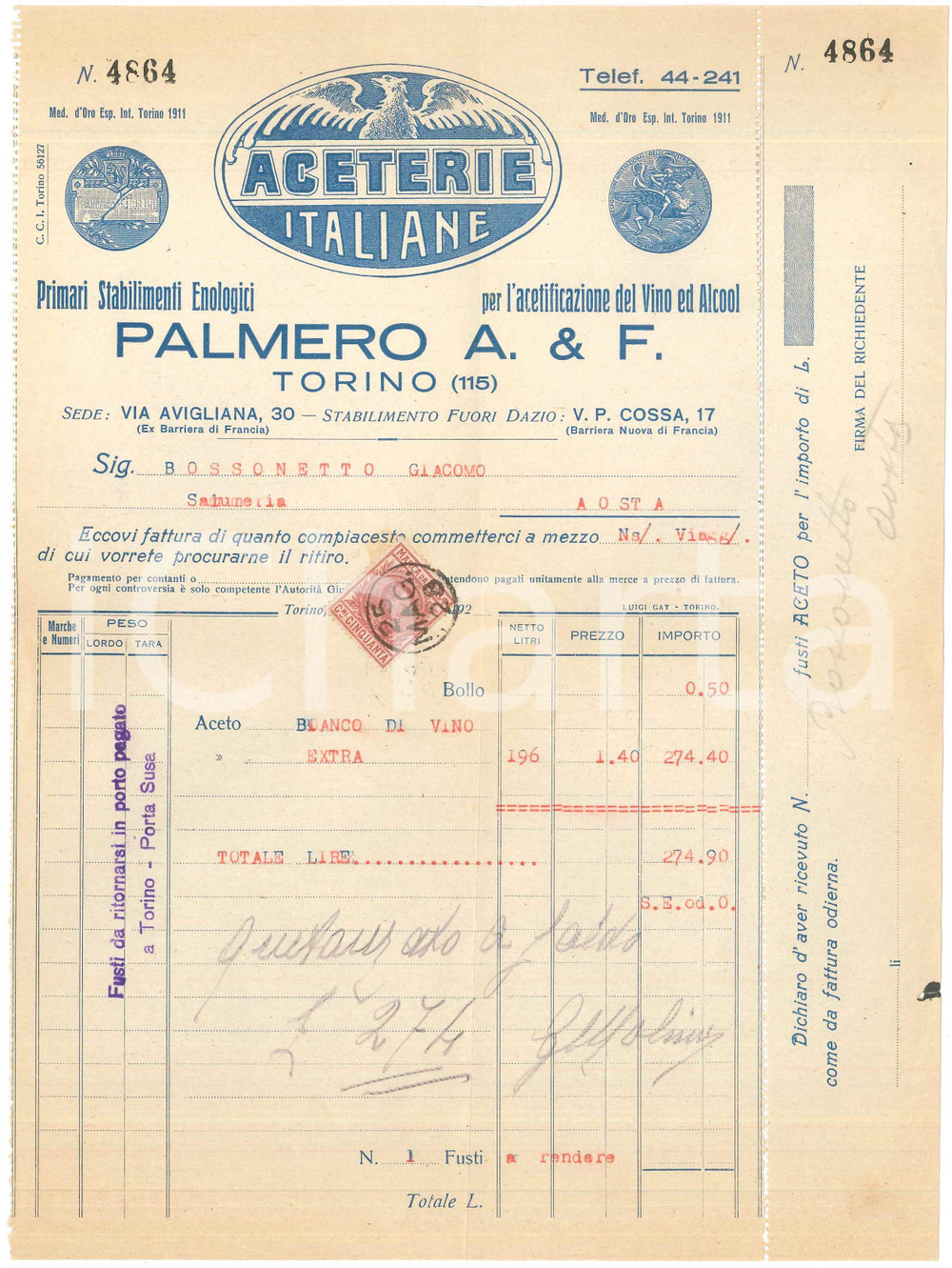 1928 TORINO Via Avigliana 30 - PALMERO A. & F. Aceterie Italiane - Fattura