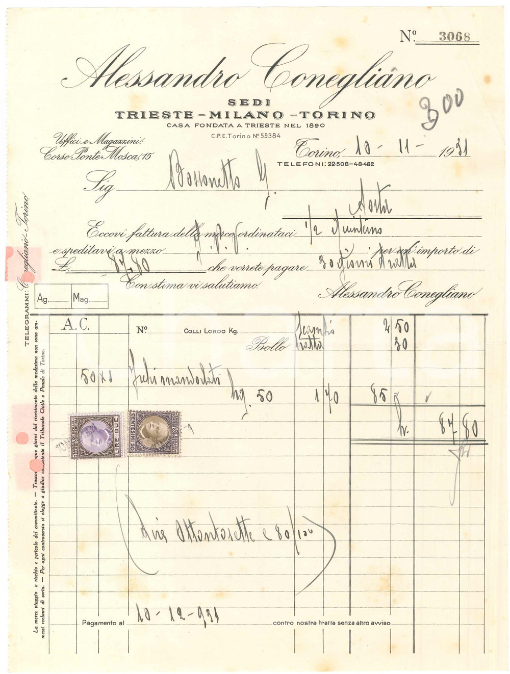 1931 TORINO C.so Ponte Mosca 15 Alessandro CONEGLIANO - Fattura fichi mandorlati