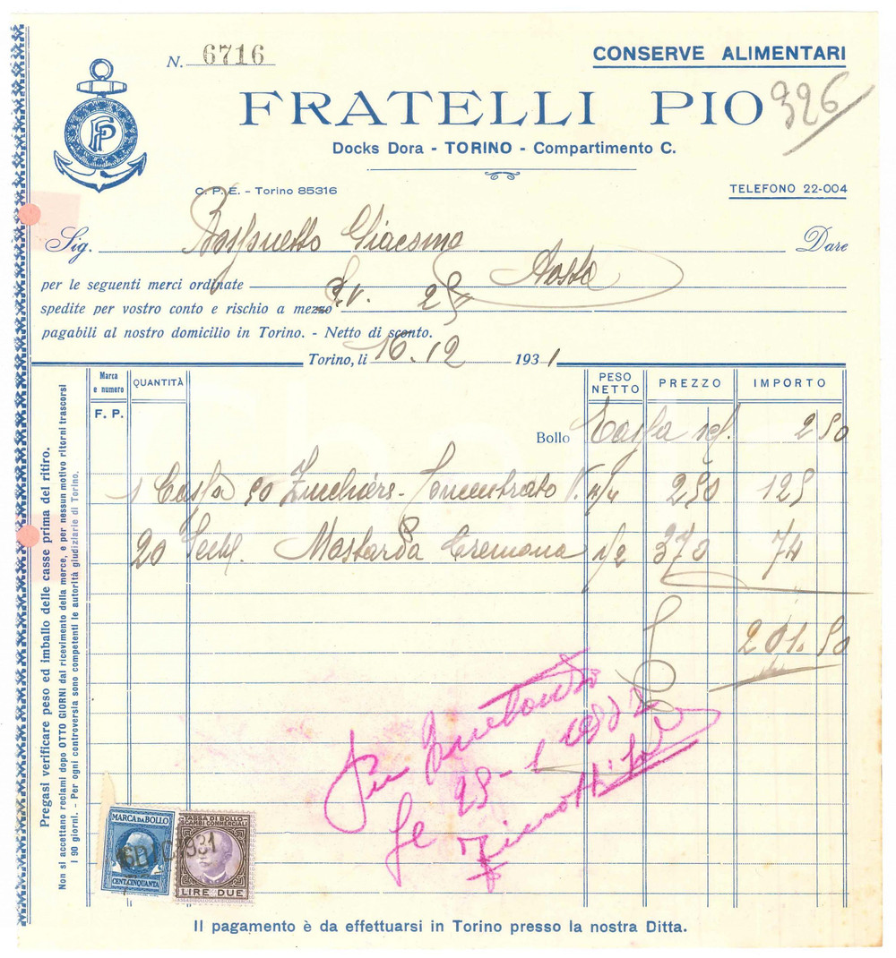 1931 TORINO Docks Dora - Fratelli PIO Conserve alimentari - Fattura (4)