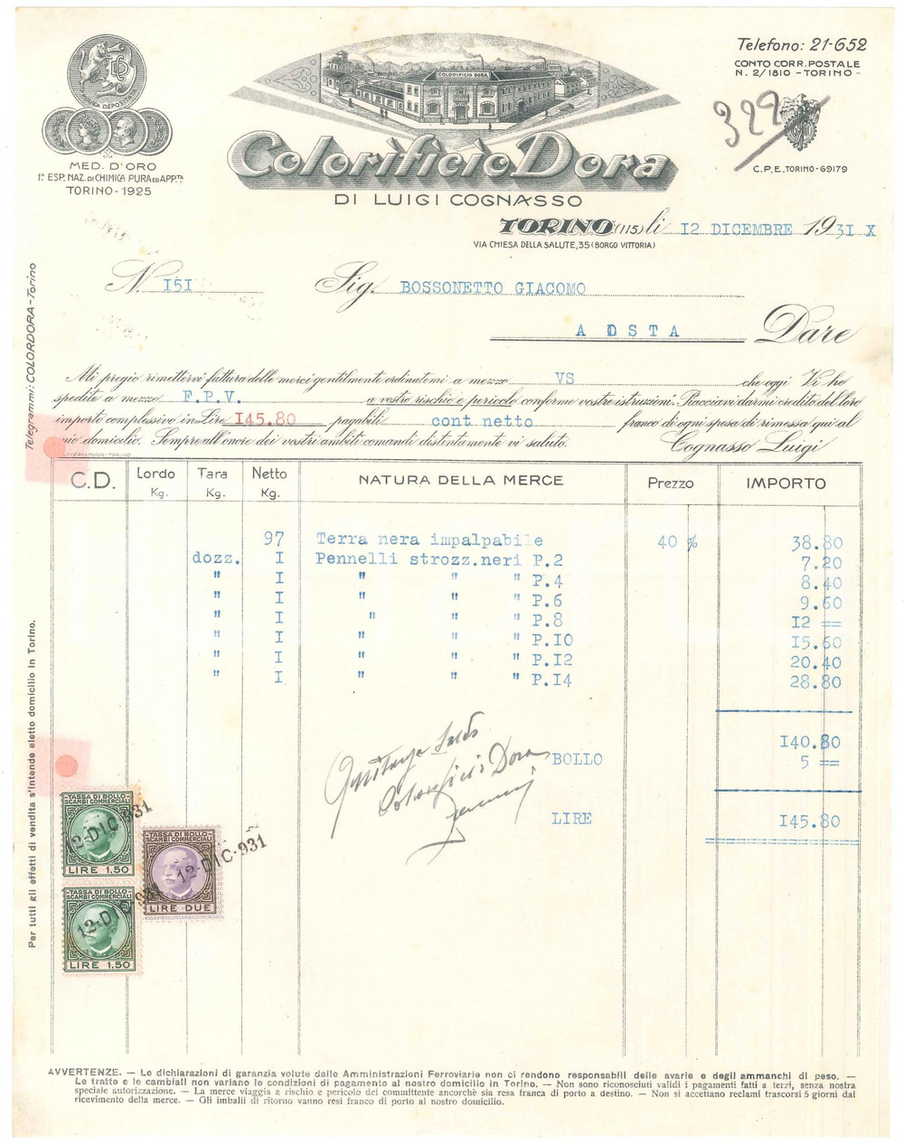 1931 TORINO Via Chiesa della Salute 35 Luigi COGNASSO Colorificio Dora - Fattura