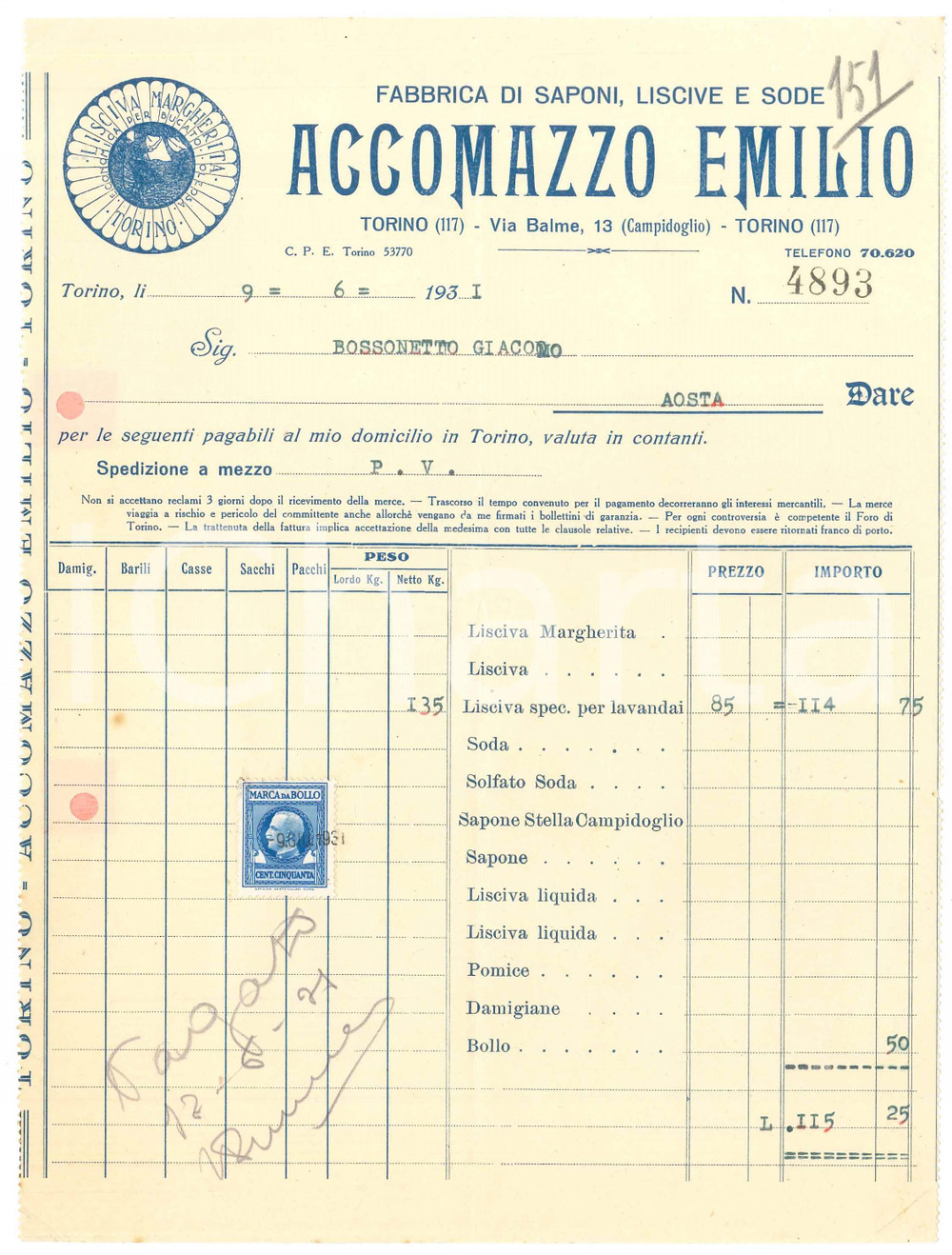 1931 TORINO Via Balme 13 - Emilio ACCOMAZZO Fabbrica di saponi - Fattura (1)