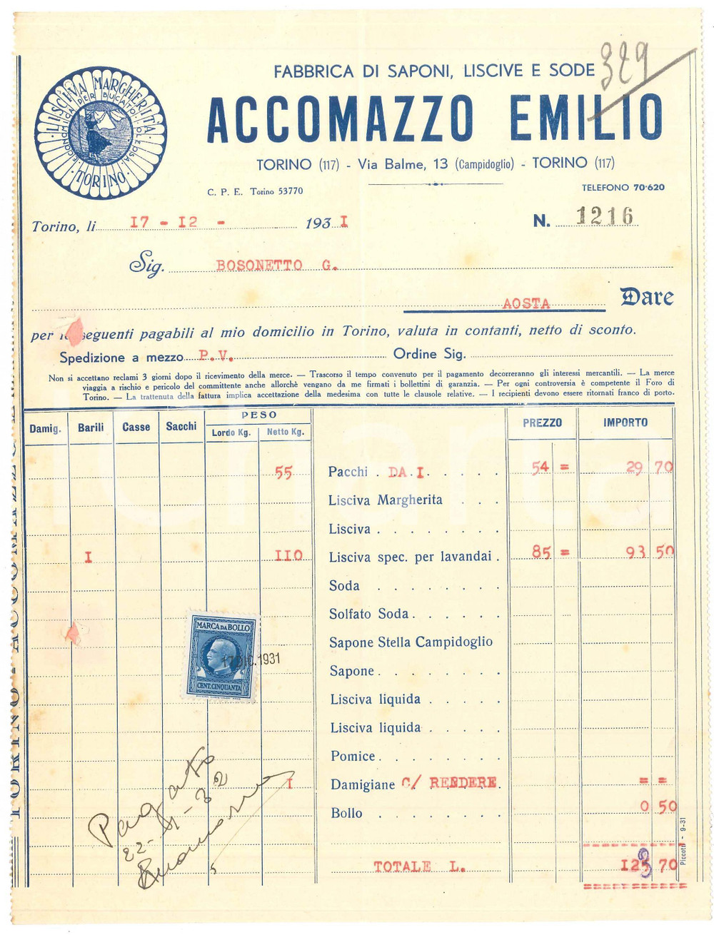 1931 TORINO Via Balme 13 - Emilio ACCOMAZZO Fabbrica di saponi - Fattura (2)