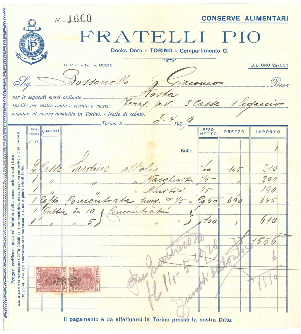 1929 TORINO Docks Dora - Fratelli PIO Conserve alimentari - Fattura (1)