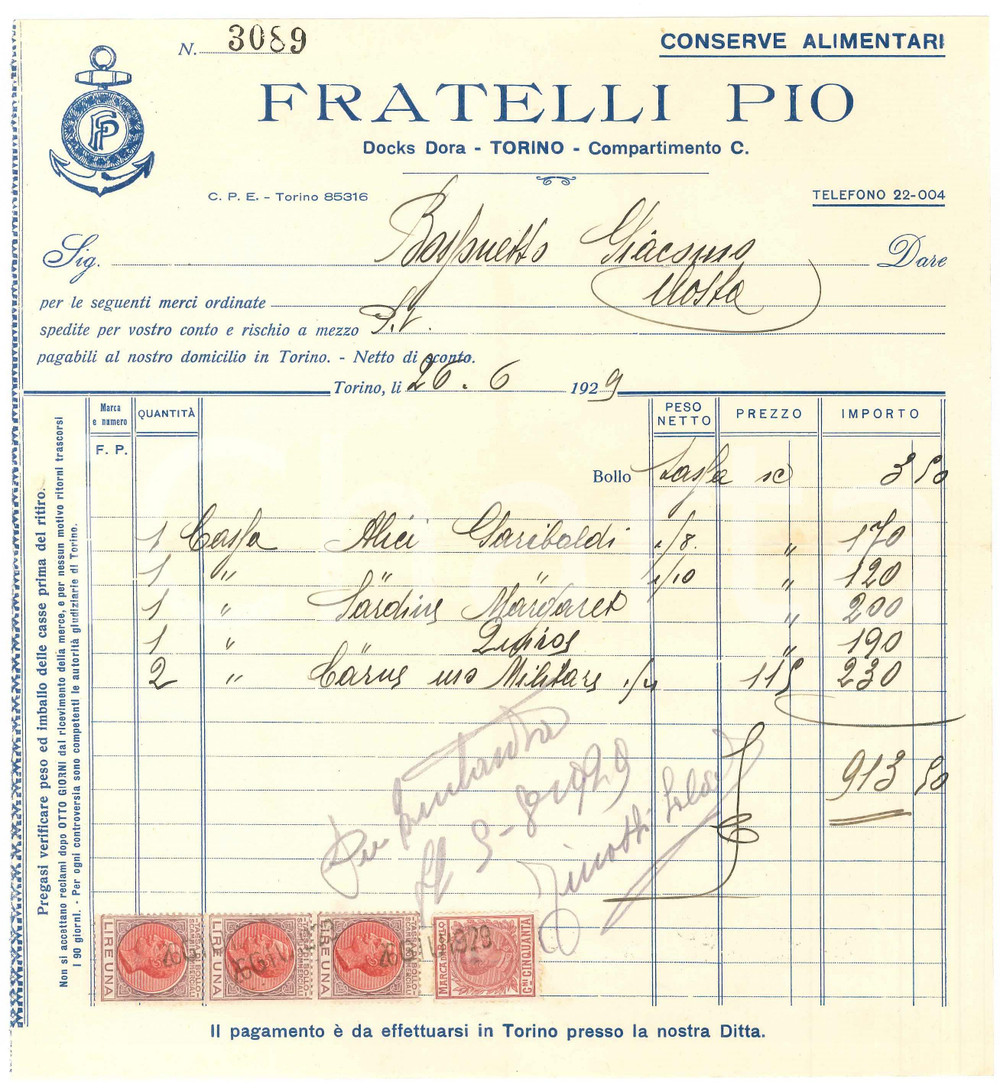 1929 TORINO Docks Dora - Fratelli PIO Conserve alimentari - Fattura (2)