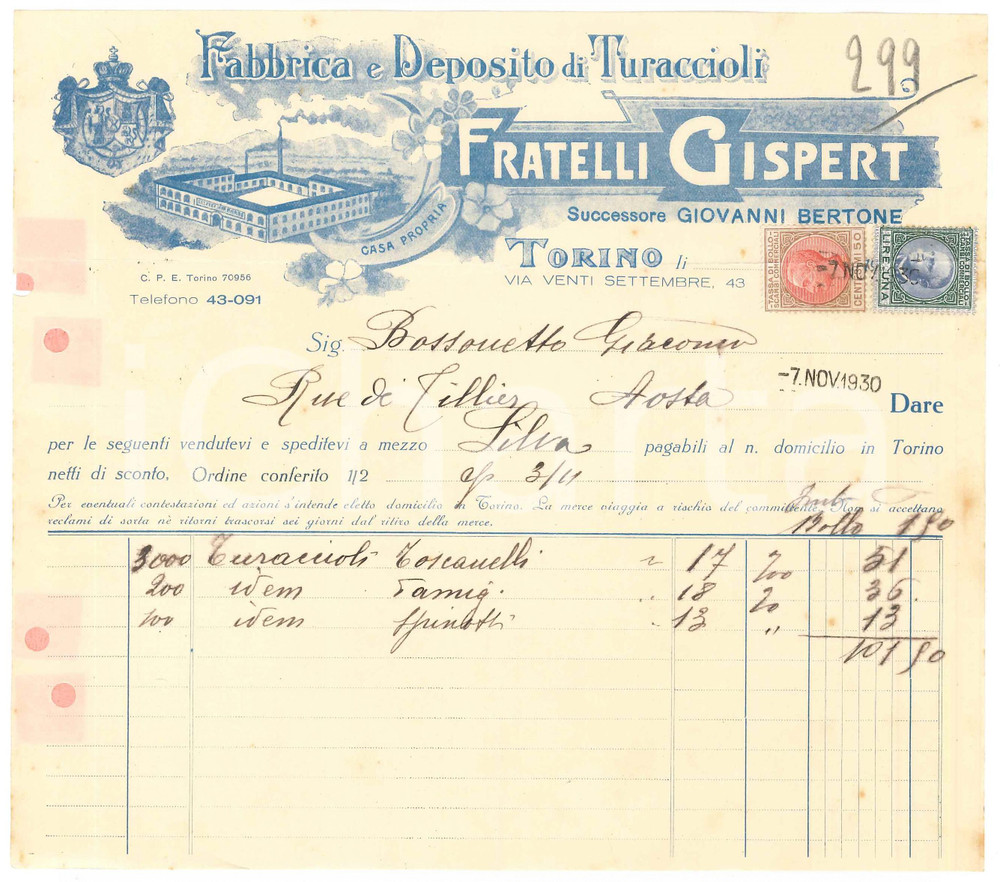 1930 TORINO Via XX Settembre 43 - Fratelli GISPERT Fabbrica turaccioli - Fattura Fattura commerciale d'epoca manoscritta, su carta intestata illustrata.Presenti marche da bollo.PAGINE: 1  FAIR/discreto piegature d'epoca; fori da classificatore; piccoli fori da spillatura; lievi fioriture Formato: 22x19 cm originale e autentica 1