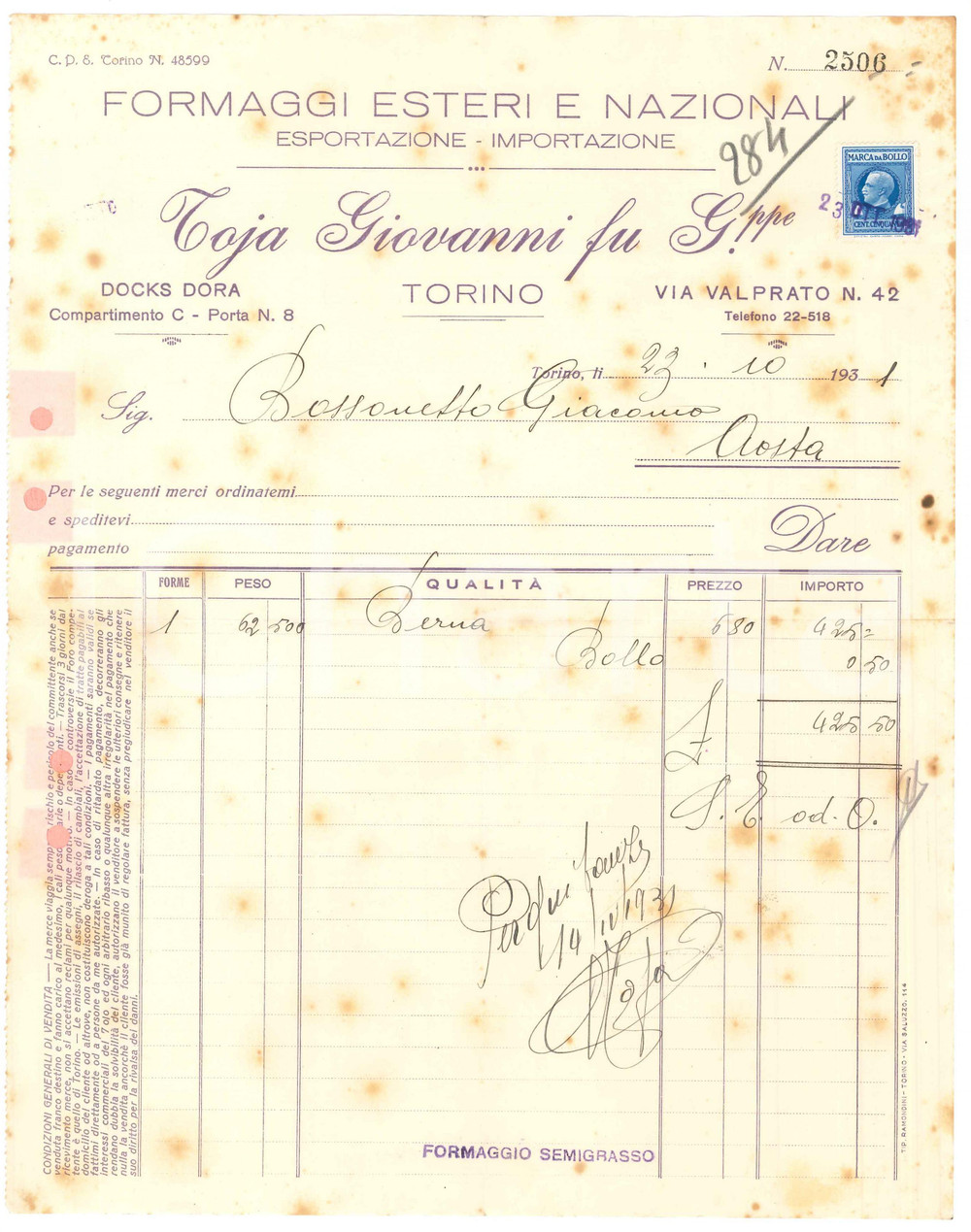 1931 TORINO Via Valprato 42 - Giovanni TOJA fu Giuseppe *Fattura (2) DANNEGGIATA