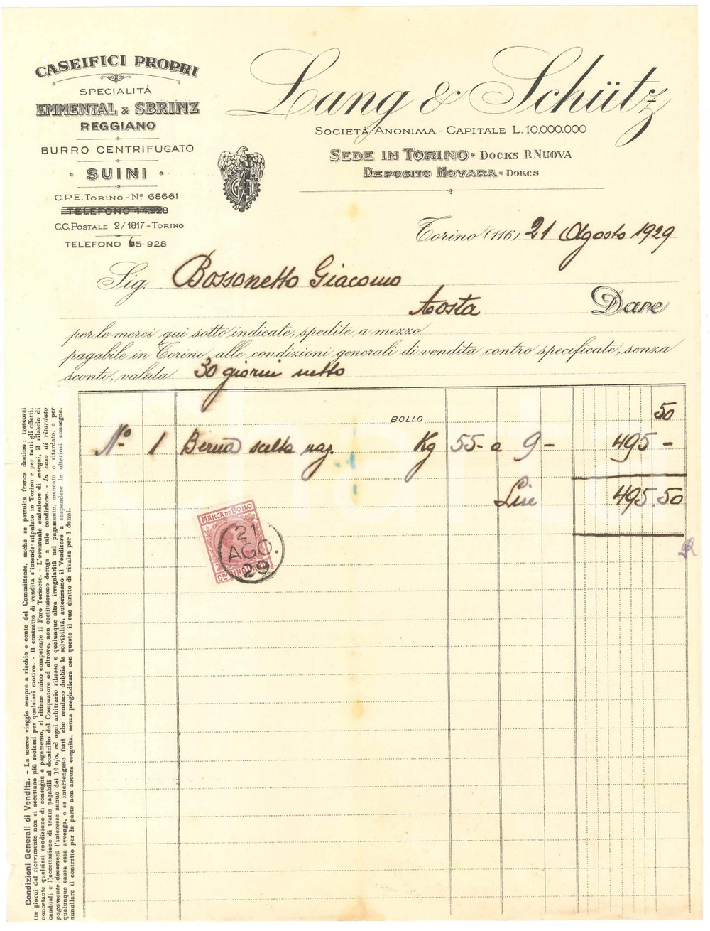 1929 TORINO Docks P. Nuova LANG & SCHÜTZ Caseifici propri - Fattura commerciale