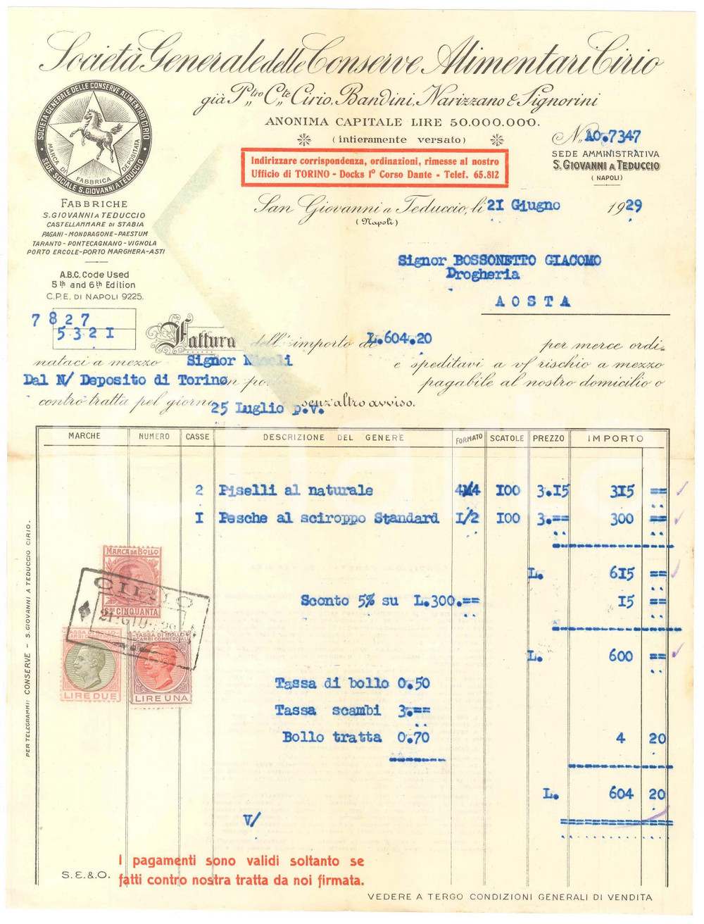 1929 SAN GIOVANNI A TEDUCCIO (NA) - CIRIO Conserve alimentari - Fattura
