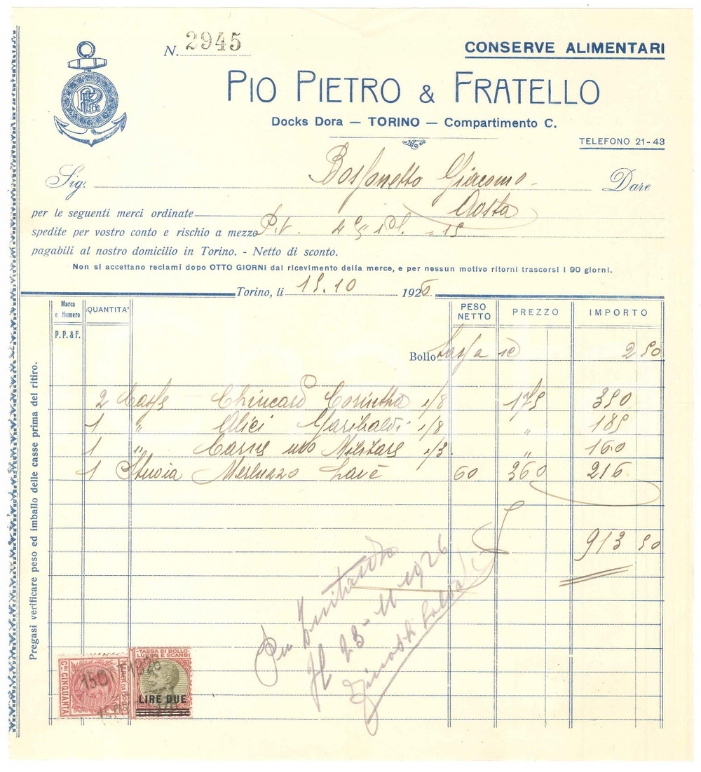 1926 TORINO Docks Dora - Pio Pietro & Fratello Conserve alimentari - Fattura
