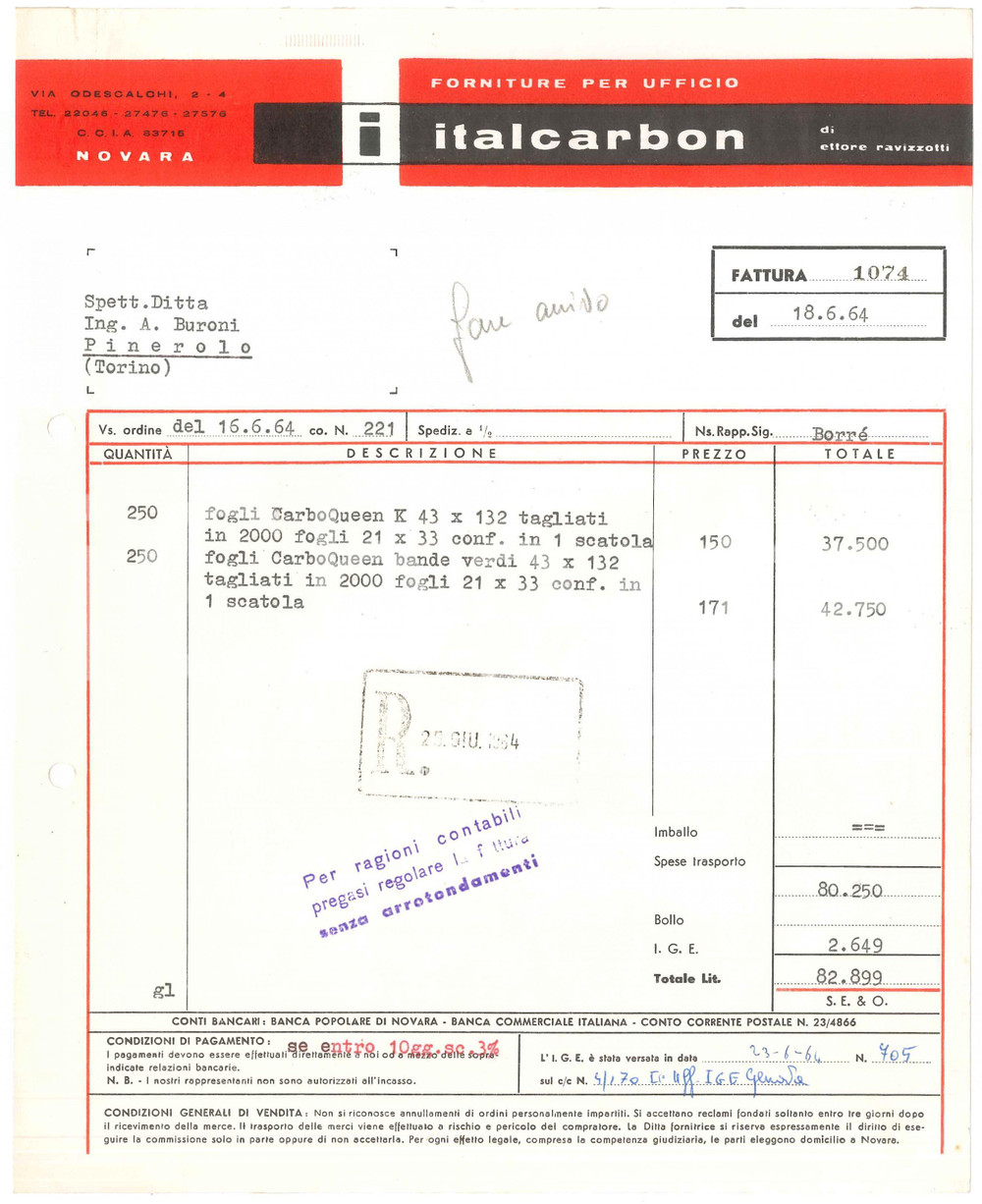 1964 NOVARA - Ettore RAVIZZOTTI Italcarbon - Forniture per ufficio - Fattura