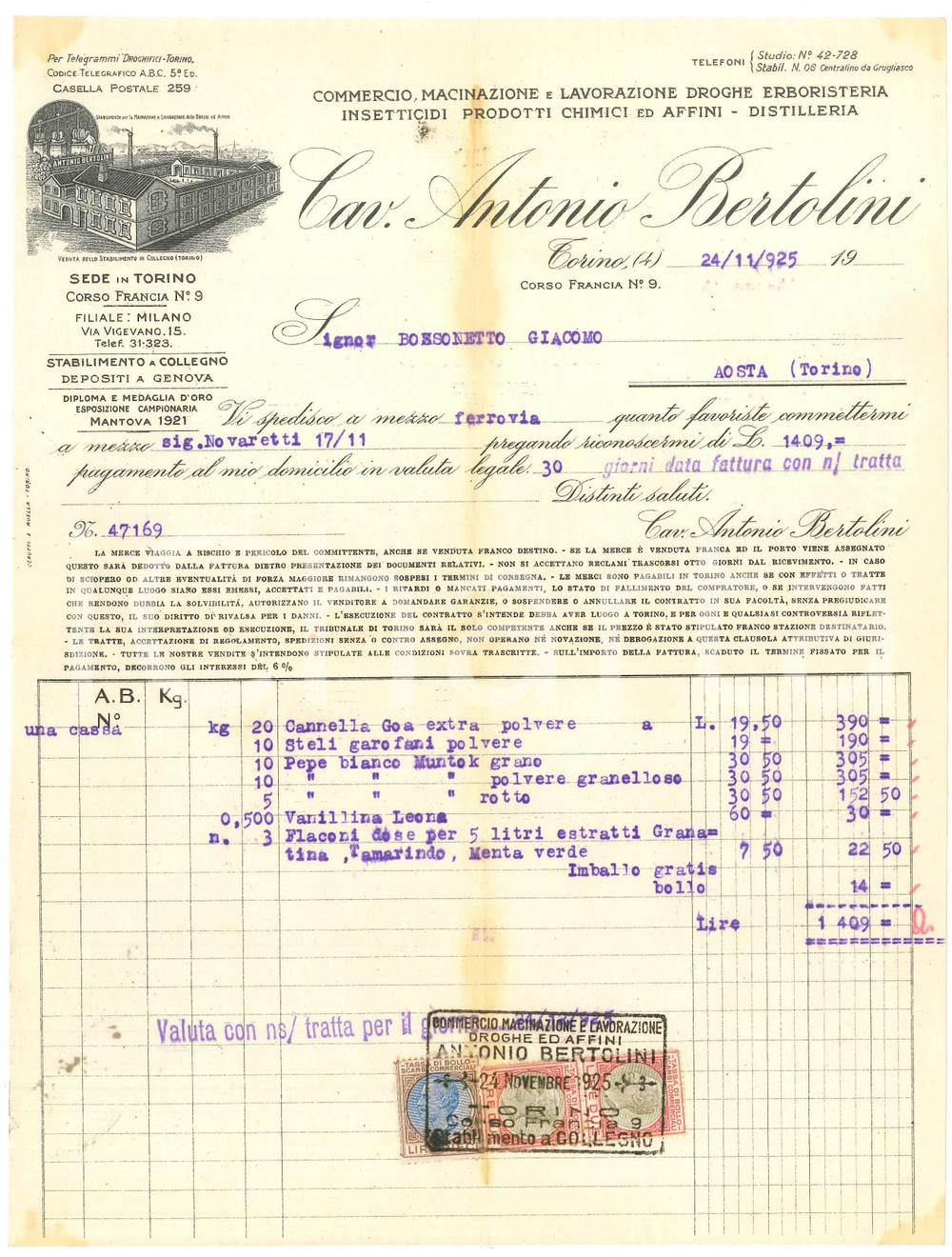 1925 TORINO Corso Francia 9 Cav. Antonio BERTOLINI Droghe Erboristeria - Fattura Fattura commerciale d'epoca dattiloscritta, su carta intestata.Presenti marche da bollo.PAGINE: 1 POOR/danneggiato piegature d'epoca; ingiallimenti agli angoli e lungo la piegatura centrale Formato: 22x28 cm originale e autentica 1