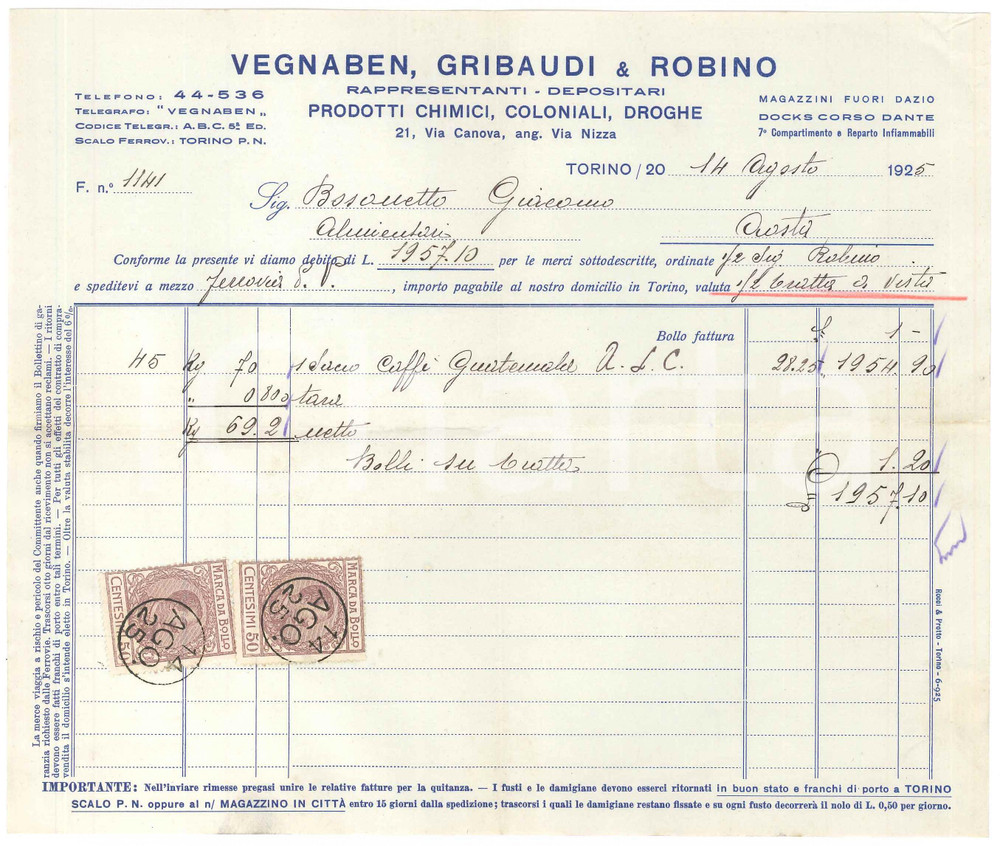 1925 TORINO Docks Corso Dante - VEGNABEN, GRIBAUDI & ROBINO - Fattura per caffè