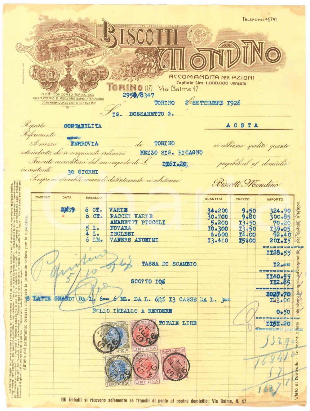 1926 TORINO Via Balme 47 - Biscotti MONDINO - Fattura commerciale illustrata