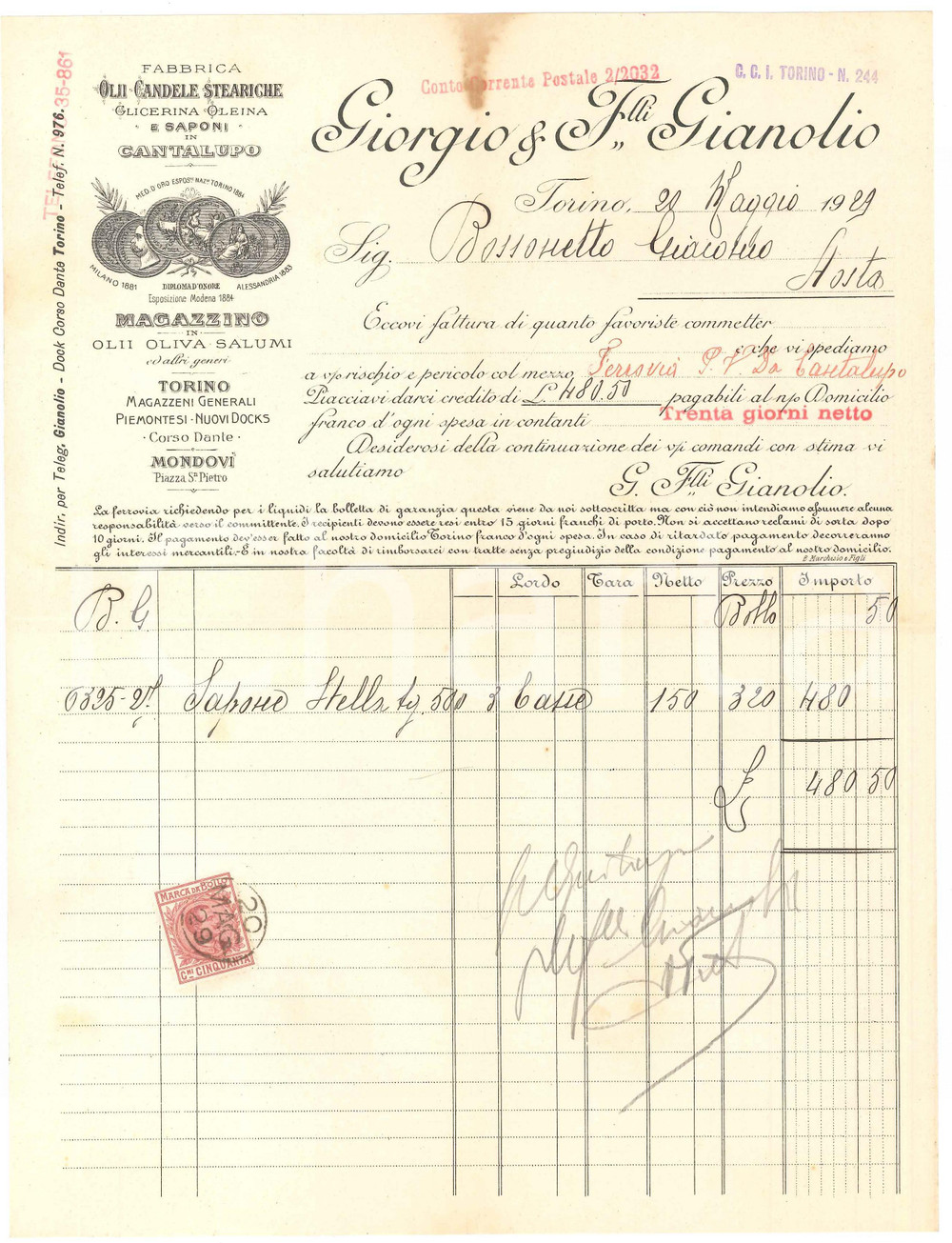 1929 TORINO Corso Dante - Giorgio & Fratelli GIANOLIO Olii e saponi *Fattura (1)