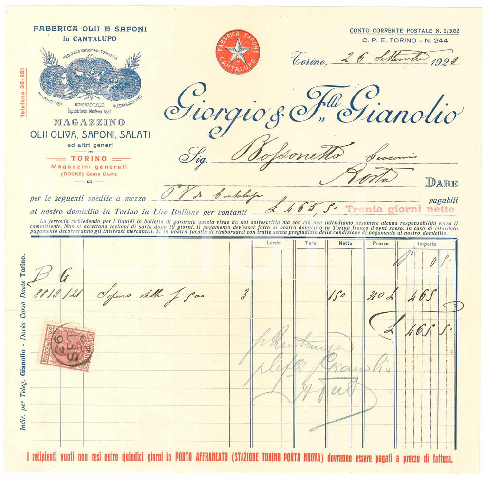 1929 TORINO Corso Dante - Giorgio & Fratelli GIANOLIO Olii e saponi *Fattura (3)