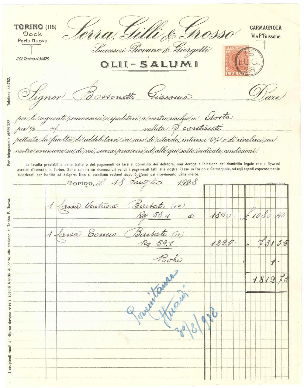 1928 TORINO Docks Porta Nuova - SERRA, GILLI & GROSSO Olii e salumi - Fattura