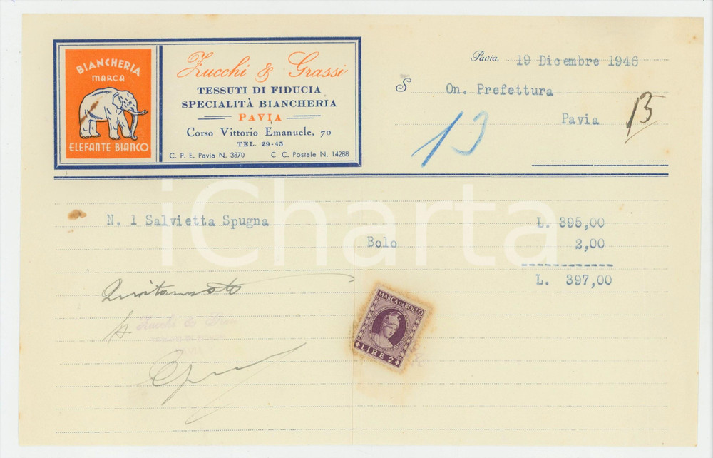 1946 PAVIA - ZUCCHI & GRASSI Tessuti Biancheria marca ELEFANTE BIANCO - Fattura Fattura commerciale d'epoca dattiloscritta, su carta intestata.Presente marca da bollo.PAGINE: 1 FAIR/discreto piegature d'epoca; piccoli fori da spillatura; residui di ruggine da preesistenti punti metallici al lato sinistro Formato: 22x14 cm originale e autentica 1
