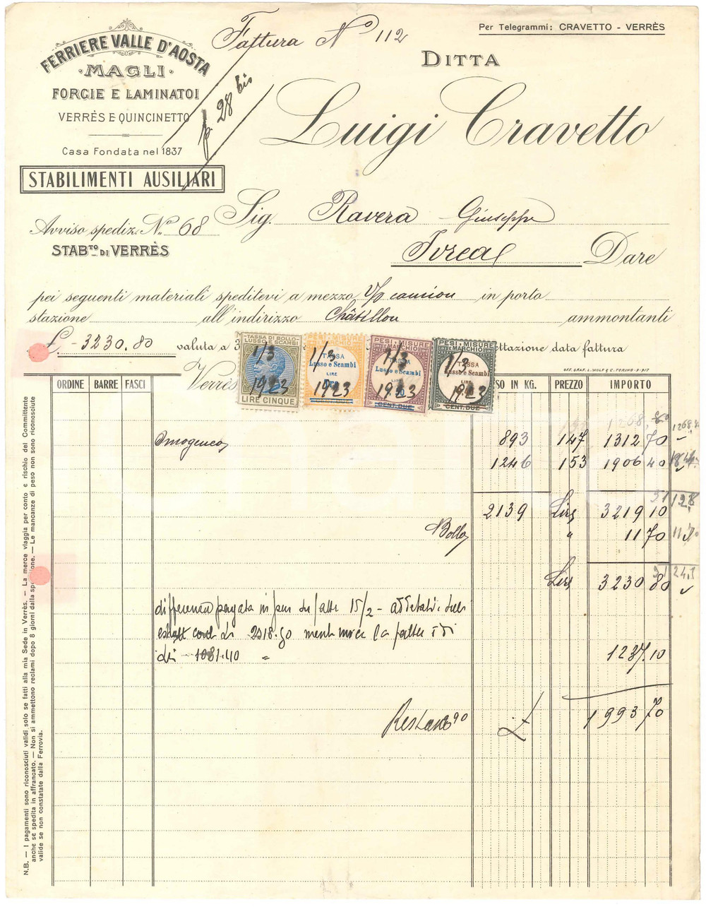 1923 VERRÈS (AO) - Ditta Luigi CRAVETTO Magli Forgie e laminatoi - Fattura (2)