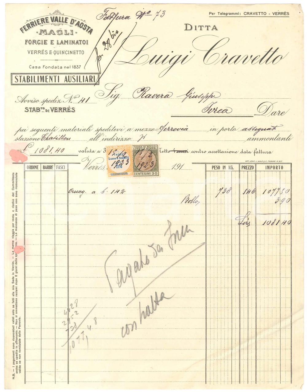1923 VERRÈS (AO) - Ditta Luigi CRAVETTO Magli Forgie e laminatoi - Fattura (3)