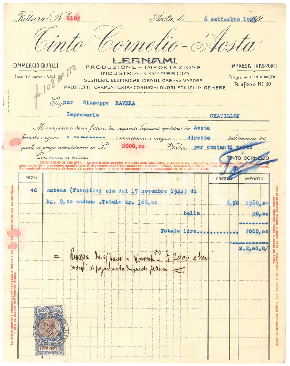1923 AOSTA - Cornelio TINTO Industria e commercio legnami - Fattura commerciale Fattura commerciale d'epoca dattiloscritta, su carta intestata.Presente marca da bollo.PAGINE: 1 FAIR/discreto piegature d'epoca; fori da classificatore; piccoli fori da spillatura; minimi strappi marginali Formato: 22x28 cm originale e autentica 1