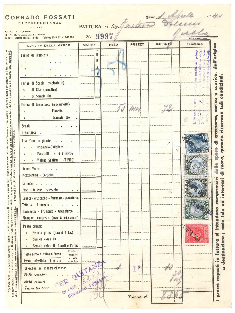1940 BIELLA - Corrado FOSSATI Rappresentanze - Fattura per farina di granoturco