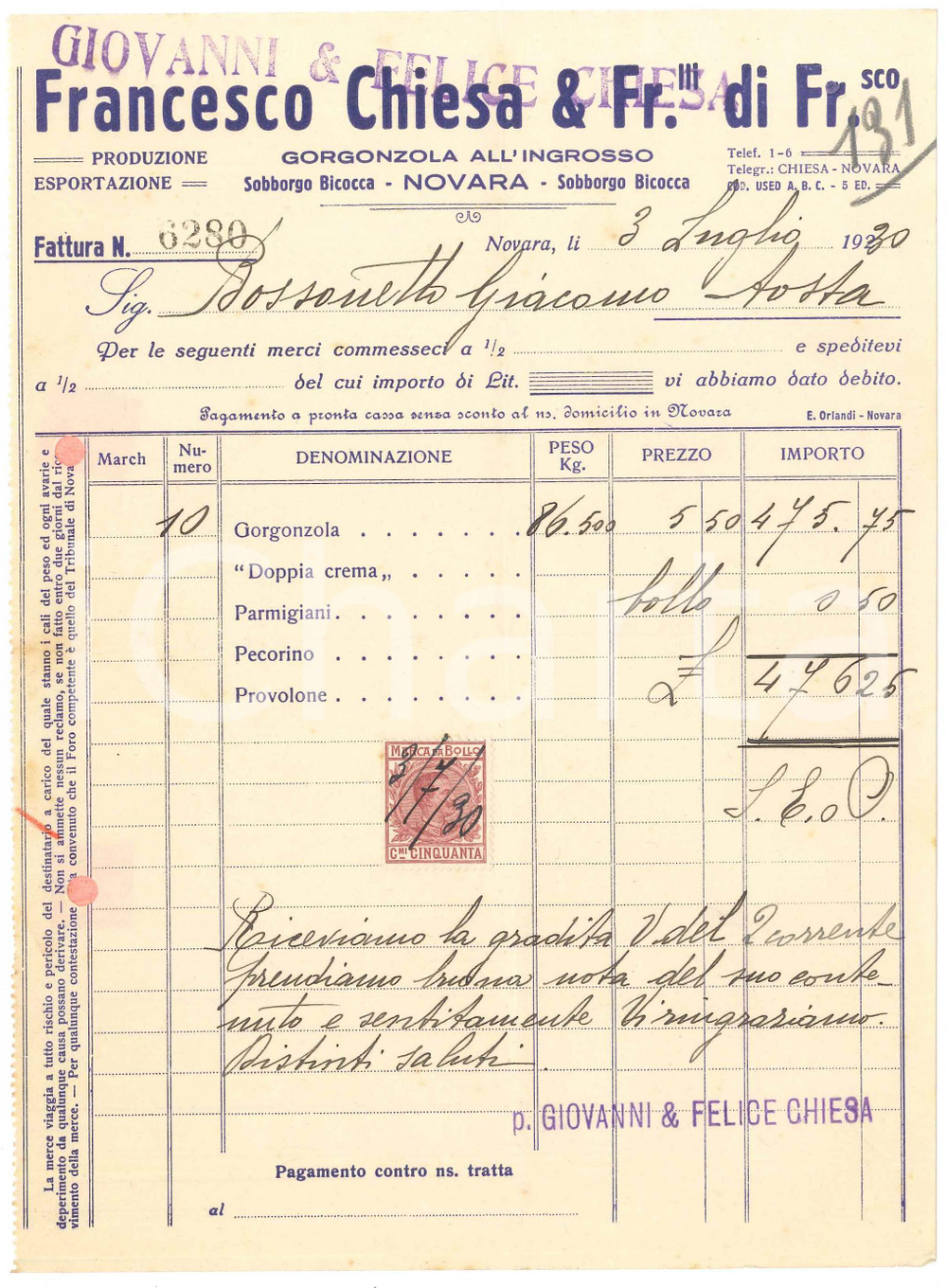 1930 NOVARA - Francesco CHIESA & F.lli di Francesco - Fattura per gorgonzola (2)
