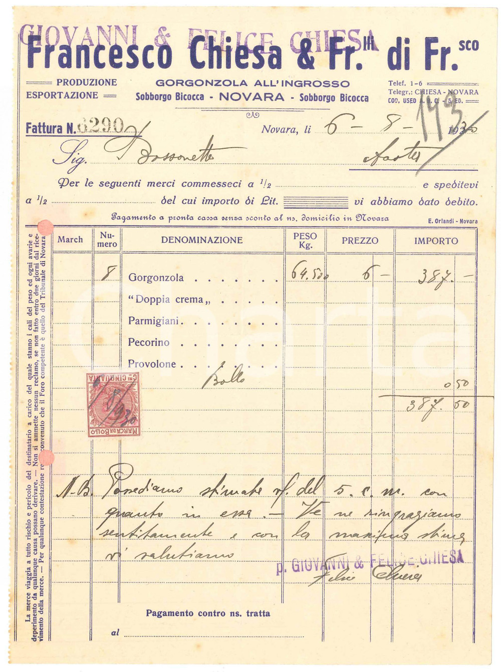 1930 NOVARA - Francesco CHIESA & F.lli di Francesco - Fattura per gorgonzola (4)