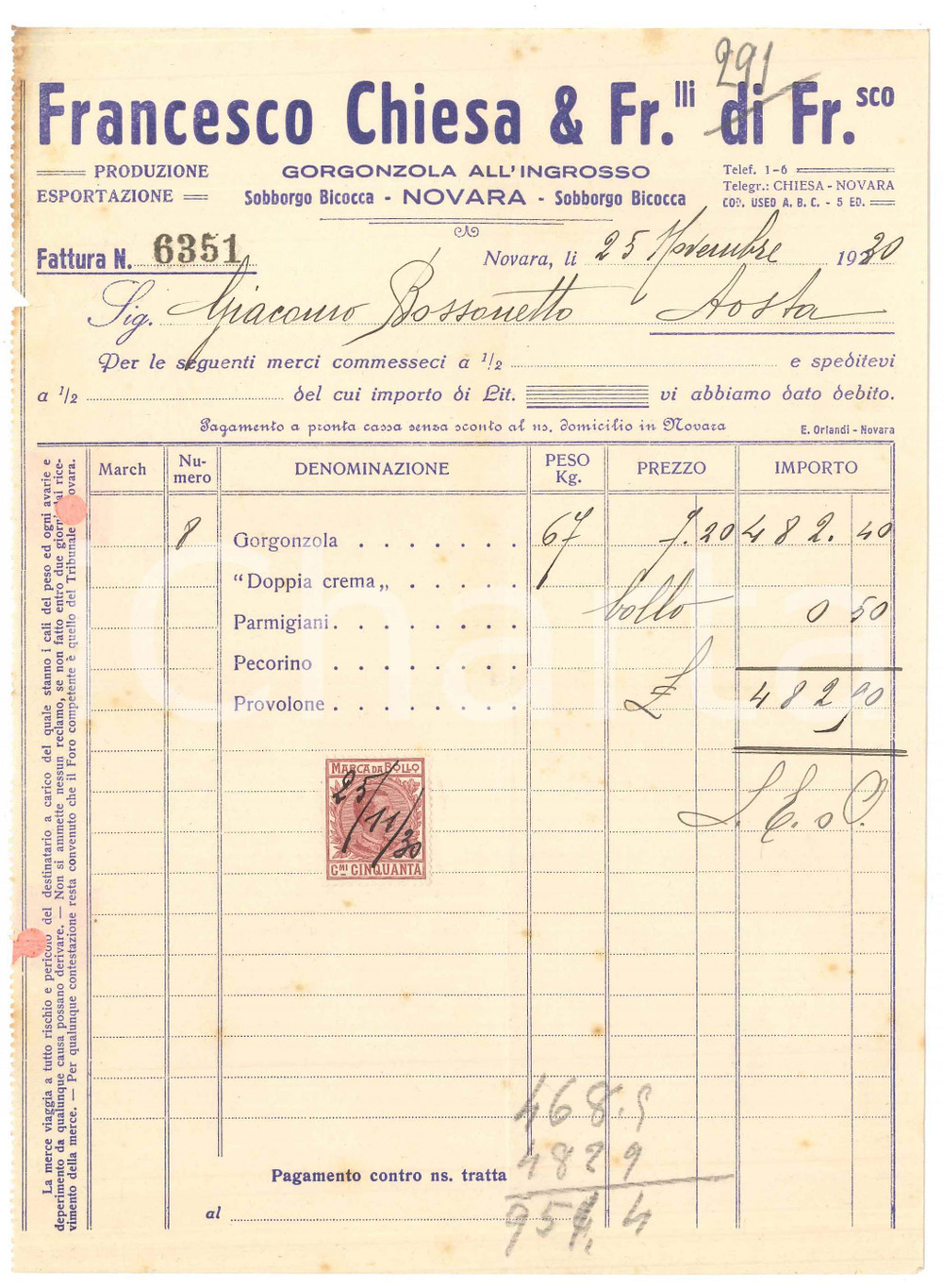 1930 NOVARA - Francesco CHIESA & F.lli di Francesco - Fattura per gorgonzola (5)