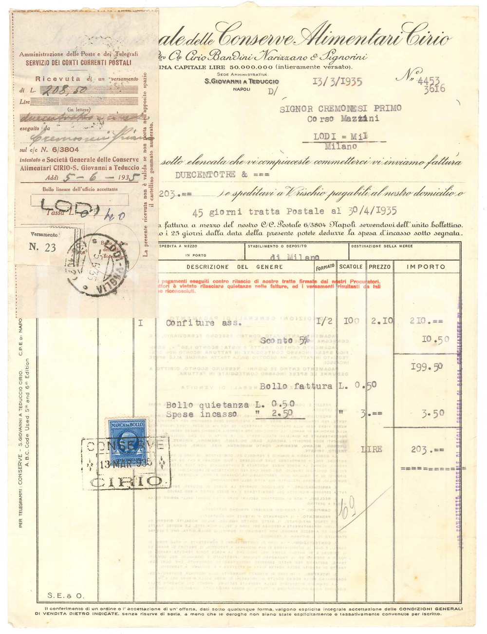 1935 SAN GIOVANNI A TEDUCCIO Società Generale Conserve Alimentari CIRIO ^Fattura