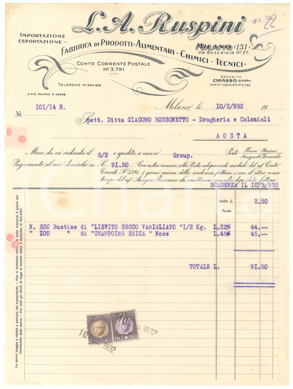 1932 MILANO Via Boscaiola 21 - L. A. RUSPINI Prodotti alimentari - Fattura
